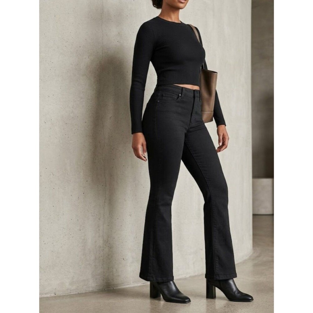 SPANX Skinny Britches Denim Flare Jeans Black Petite 6 NWT